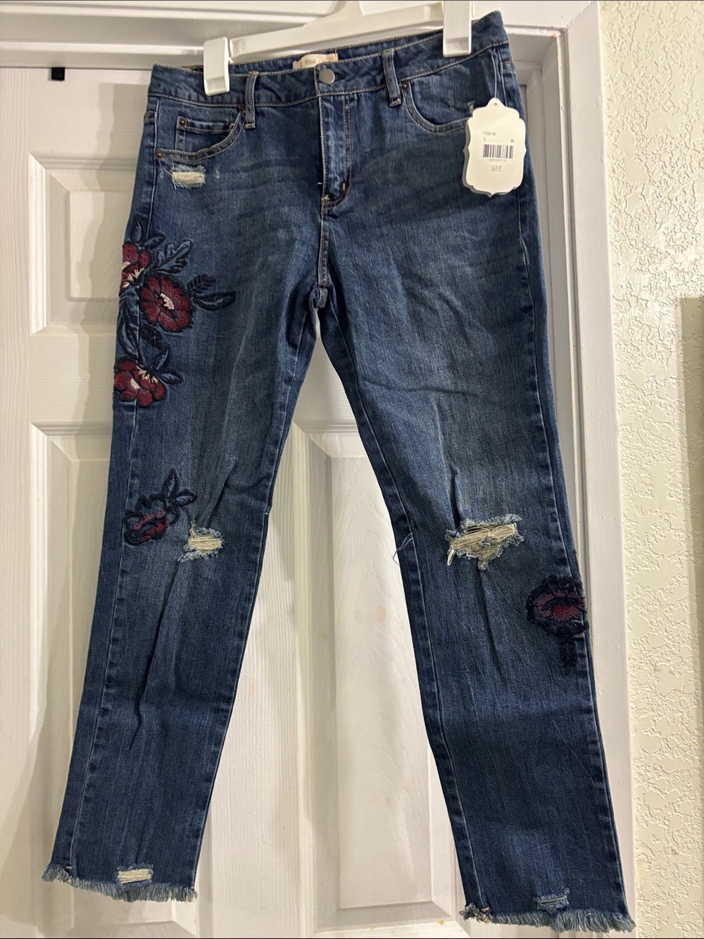 Altar'd State Dark Blue Skinny Jeans with Red Floral Embroidery